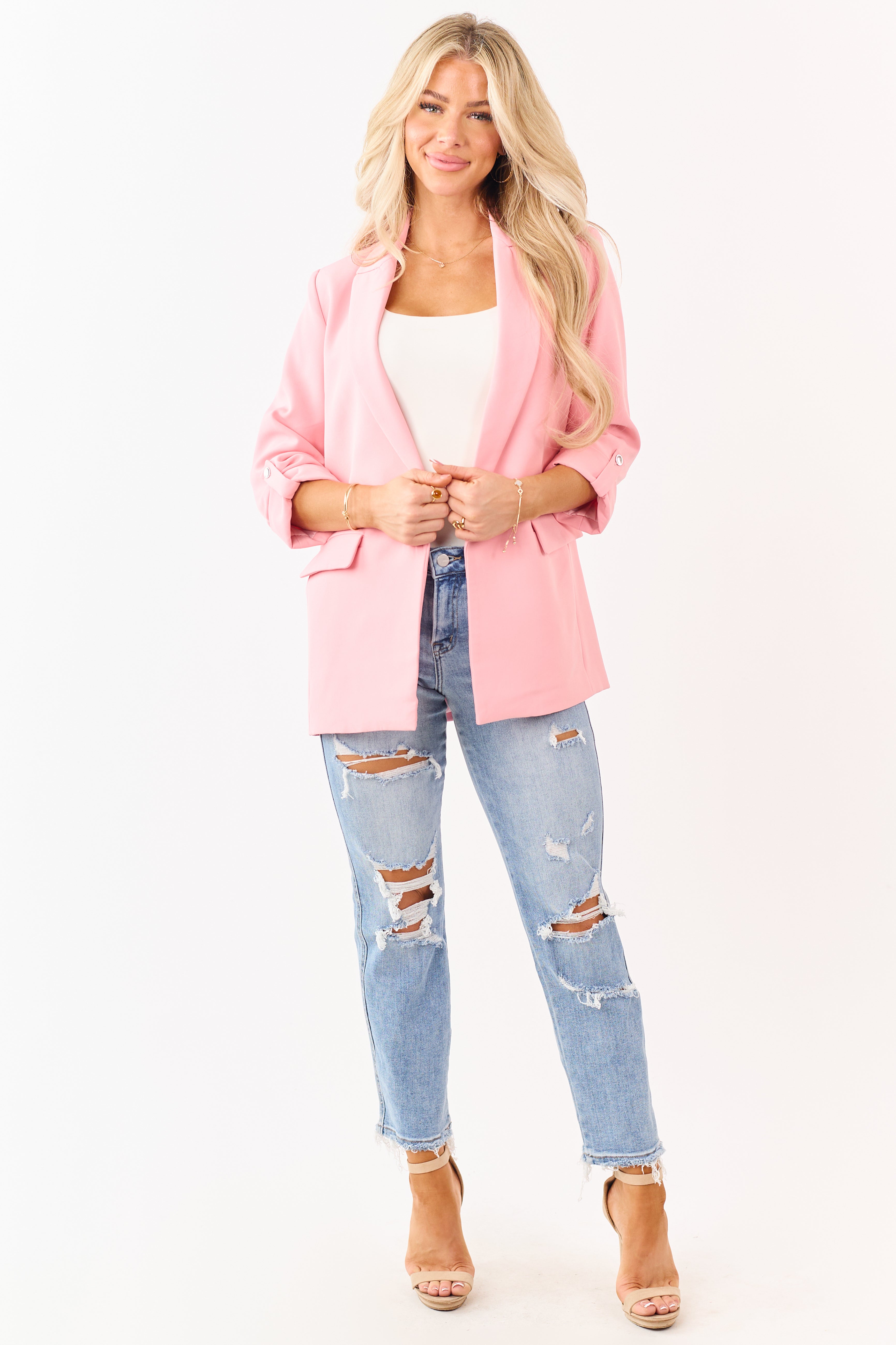 Baby Pink Open Front Rolled Sleeve Blazer