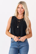Black Pointelle Knit Scalloped Hem Tank Top