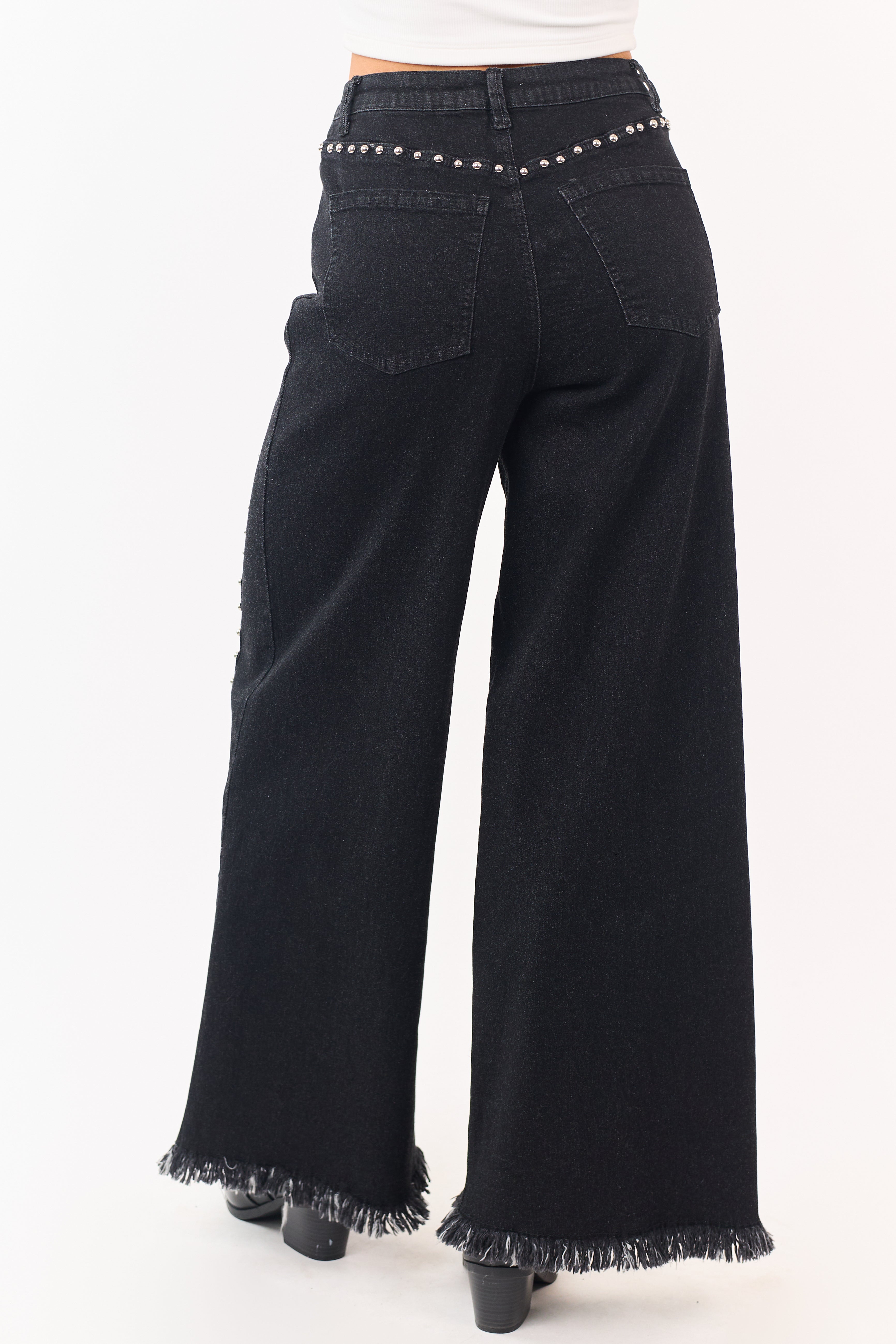 Black Washed Studded Stretchy Wide Leg Jeans