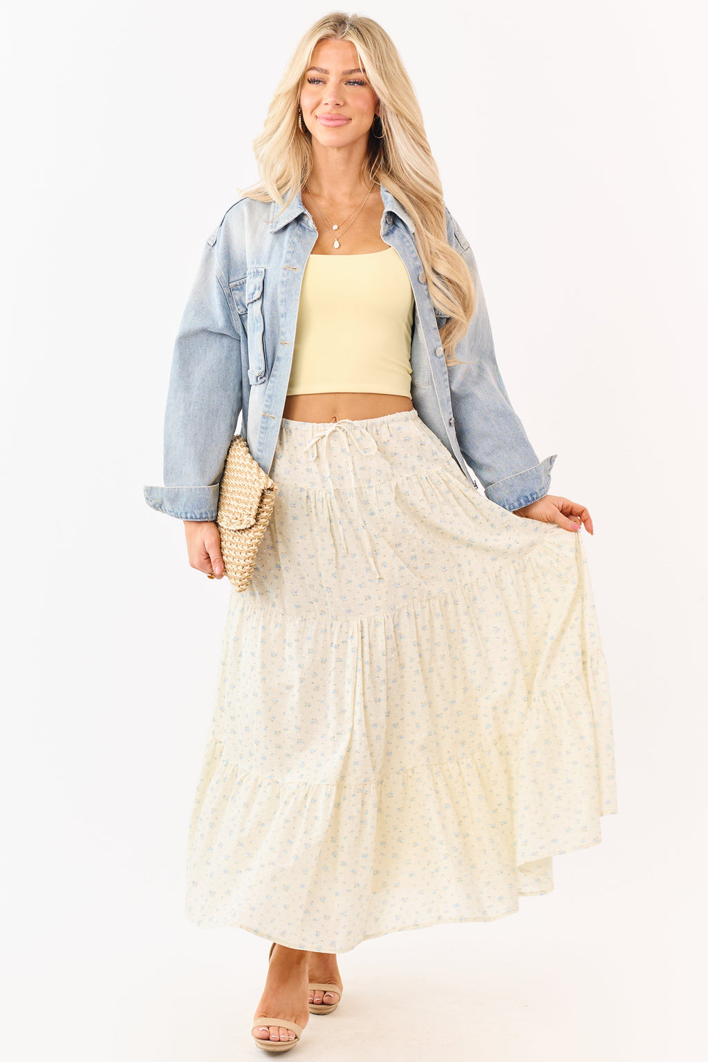 Cream Floral Print Swiss Dot Cotton Maxi Skirt