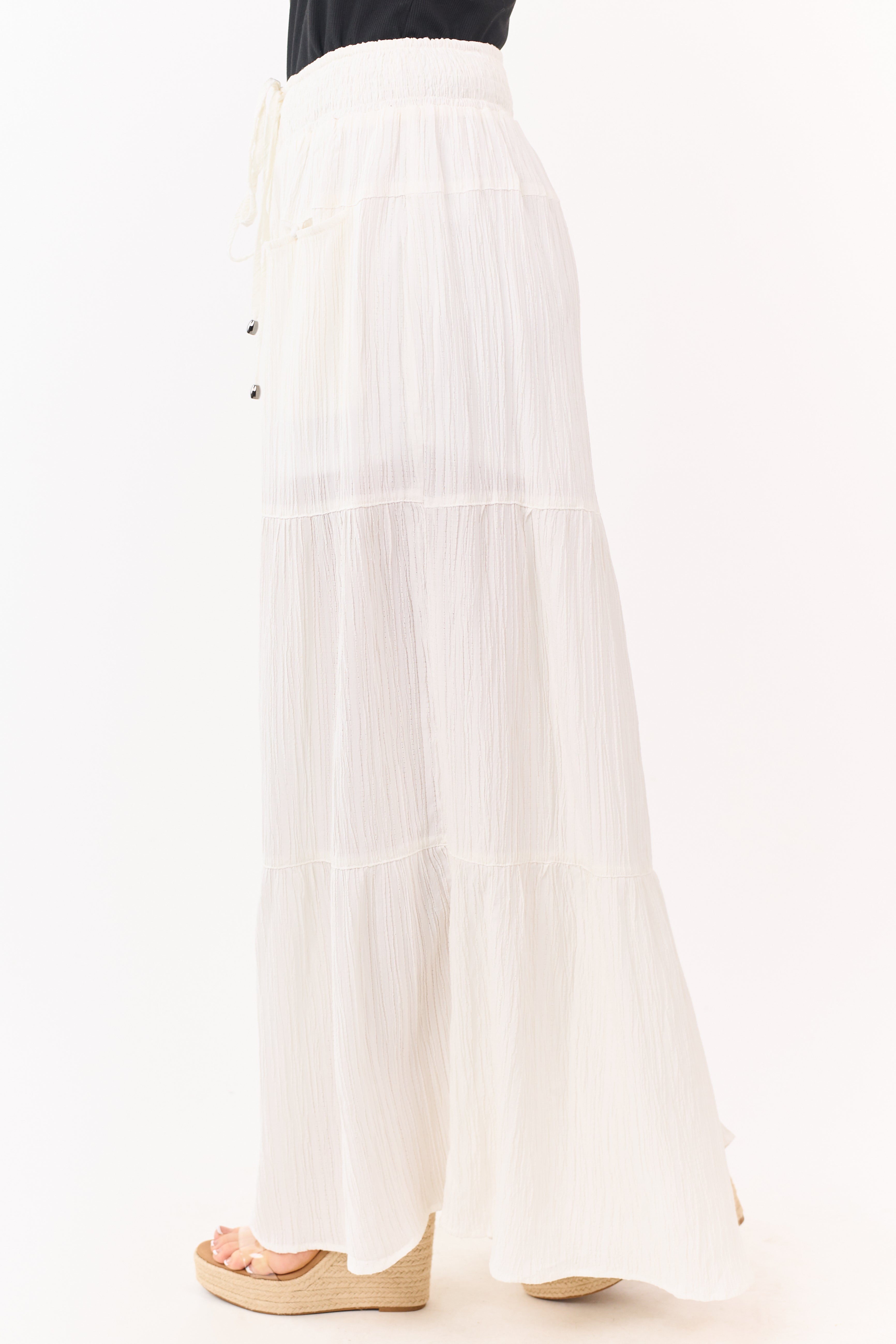 Entro Cream Smocked Drawstring Waist Palazzo Pants