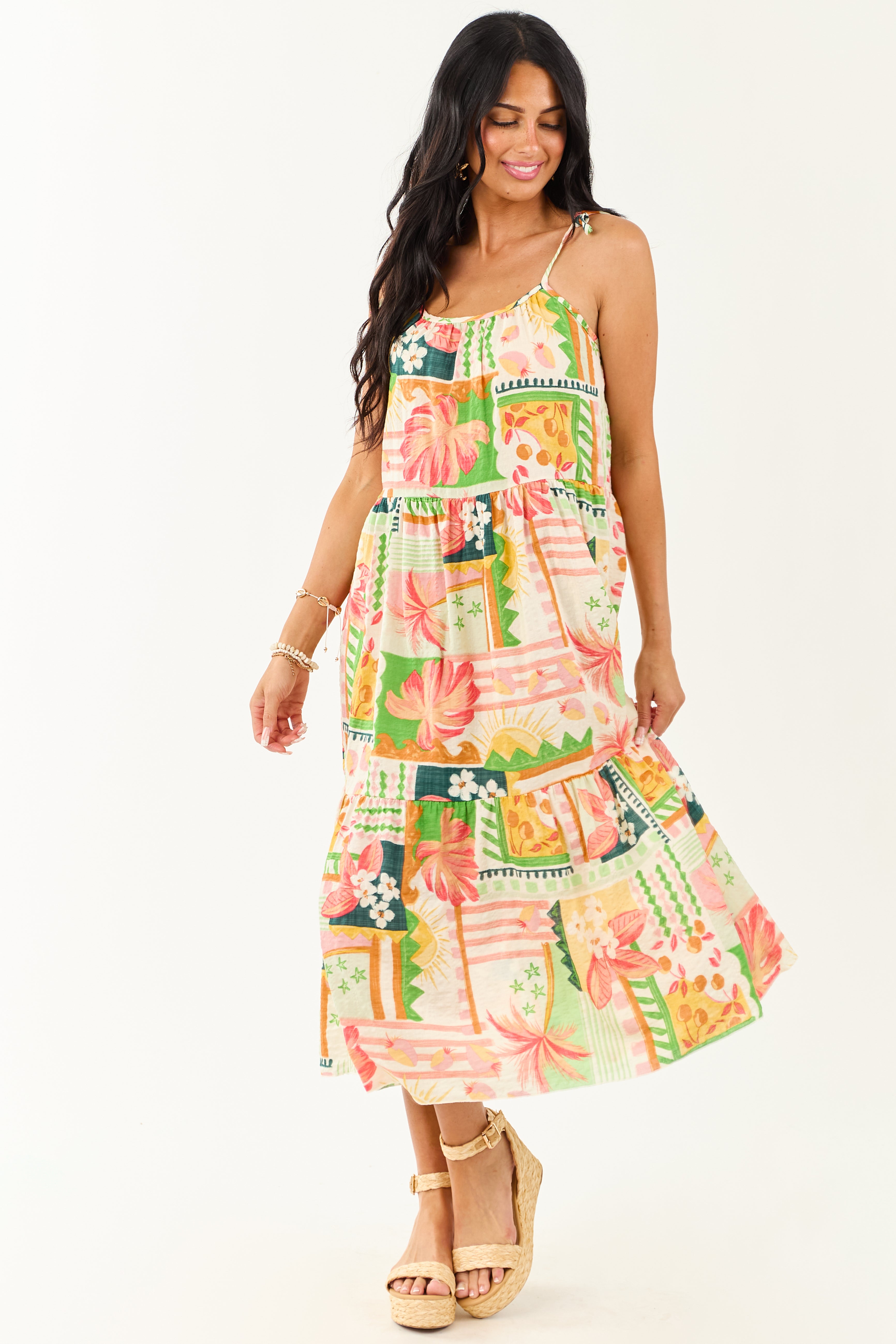 Ivory Abstract Print Tie Straps Midi Dress