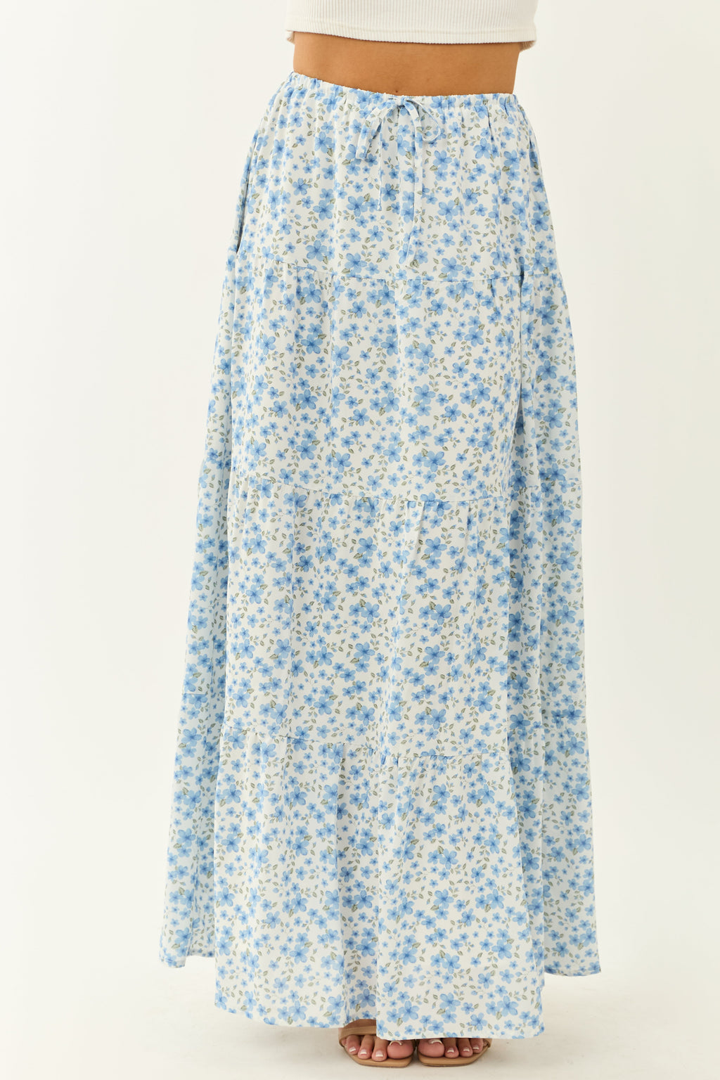 Ivory Floral Print Tiered Flowy Maxi Skirt