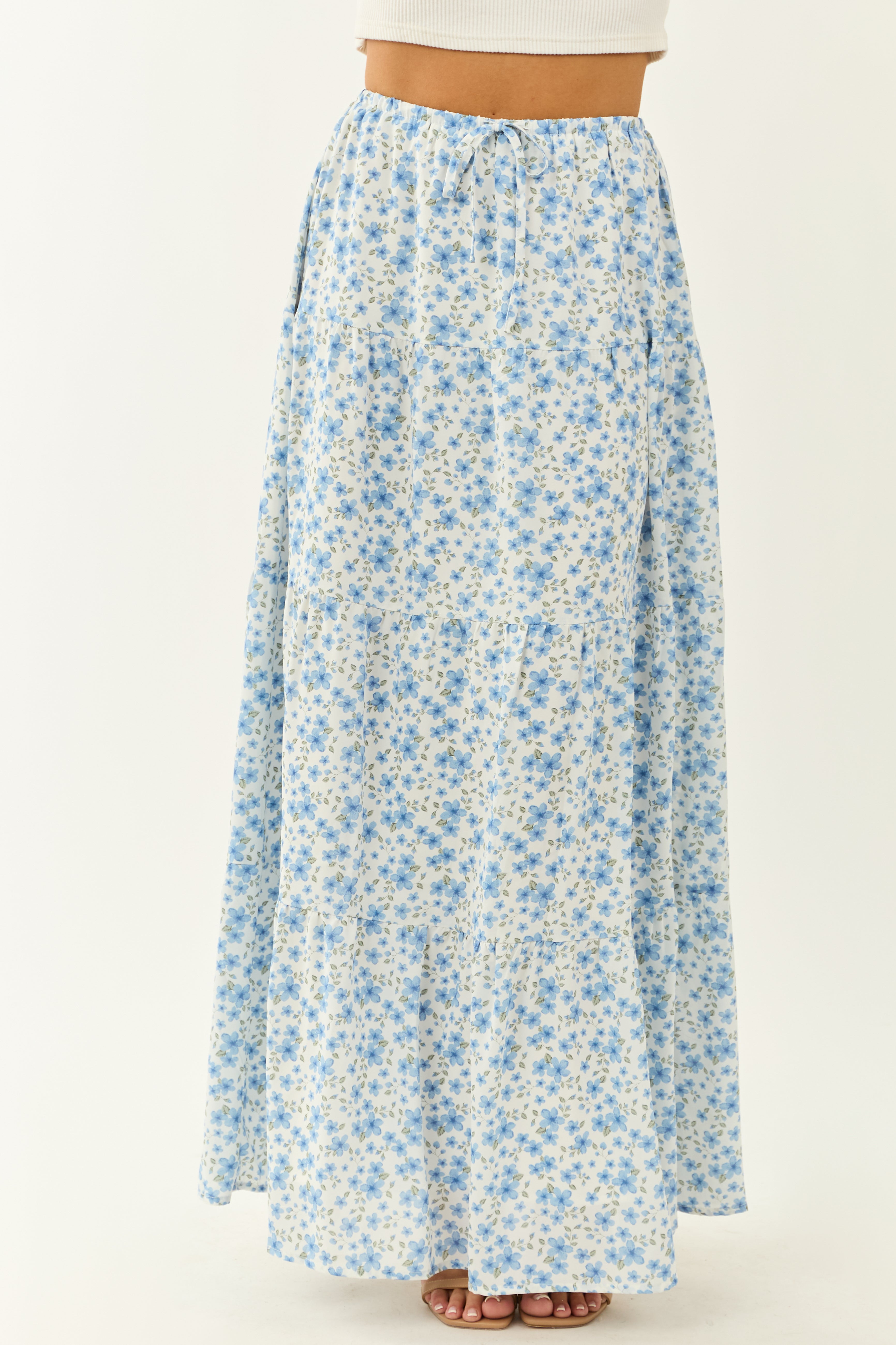 Ivory Floral Print Tiered Flowy Maxi Skirt