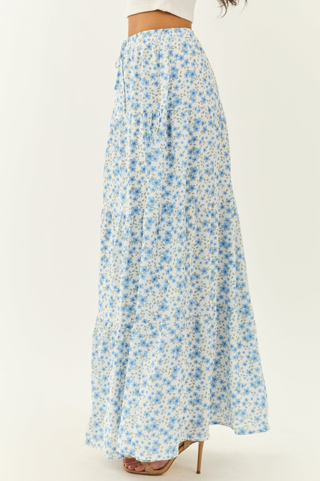 Ivory Floral Print Tiered Flowy Maxi Skirt