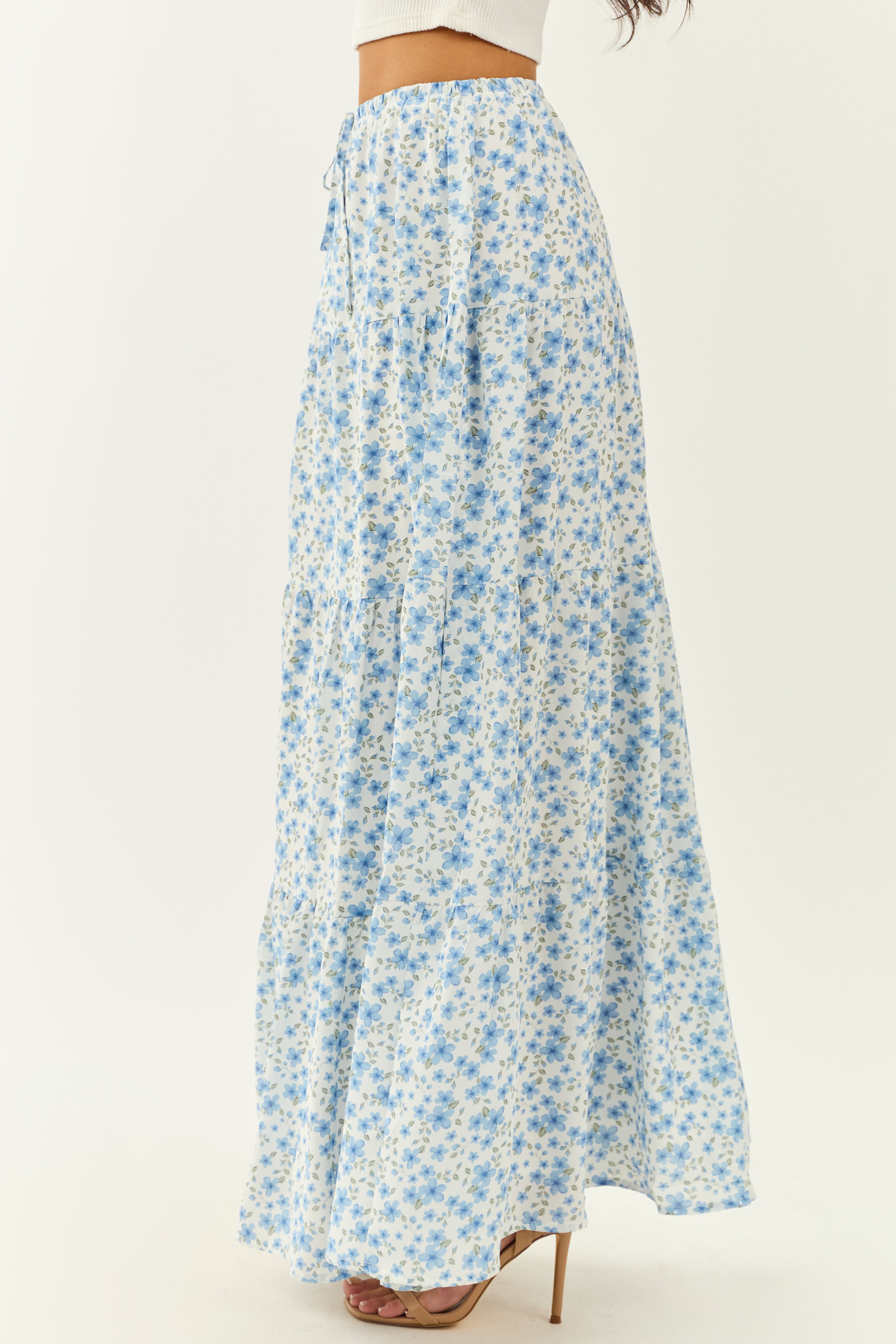 Ivory Floral Print Tiered Flowy Maxi Skirt