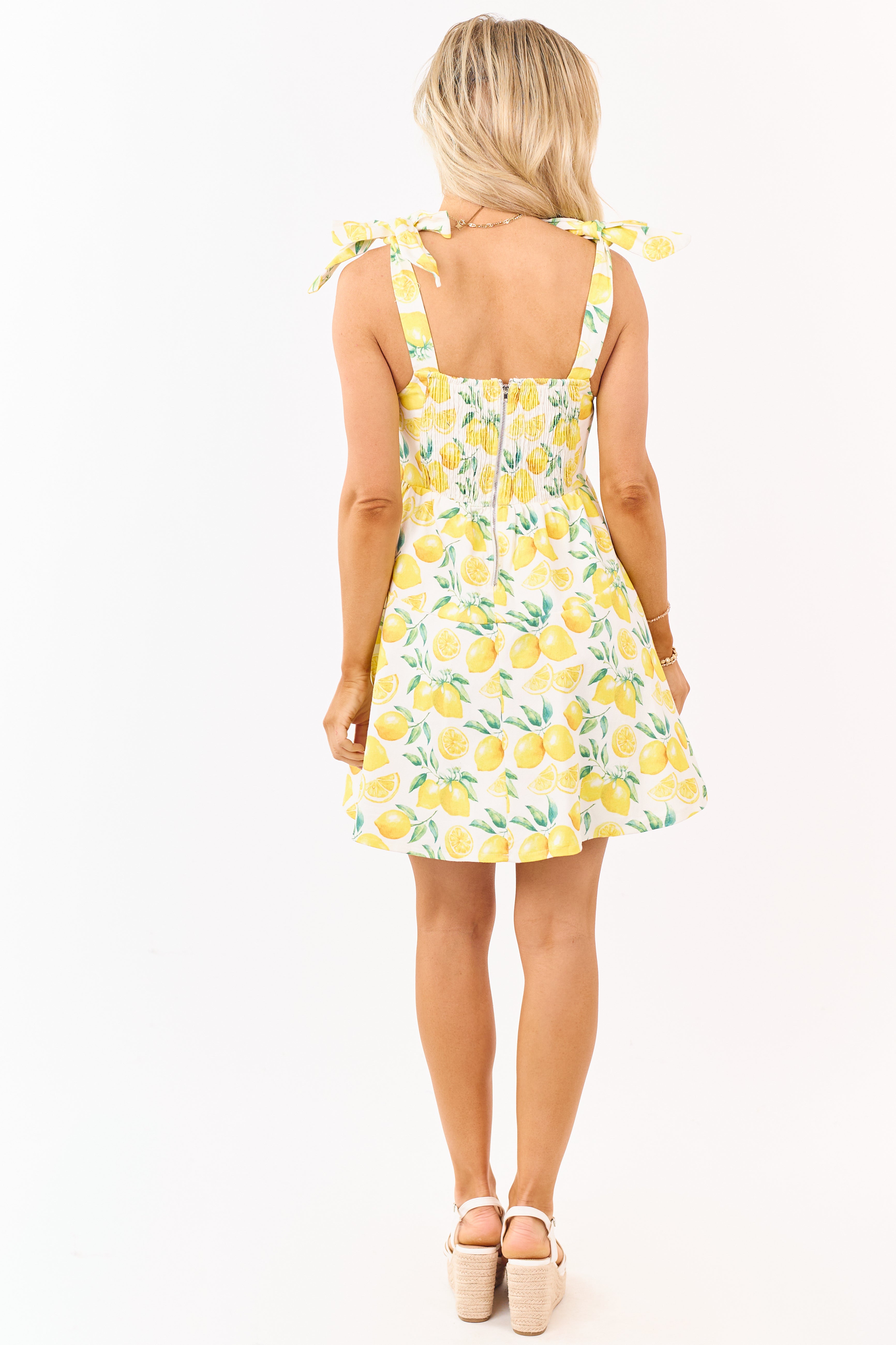 Lovelo Ivory Lemon Print Denim Sleeveless Mini Dress