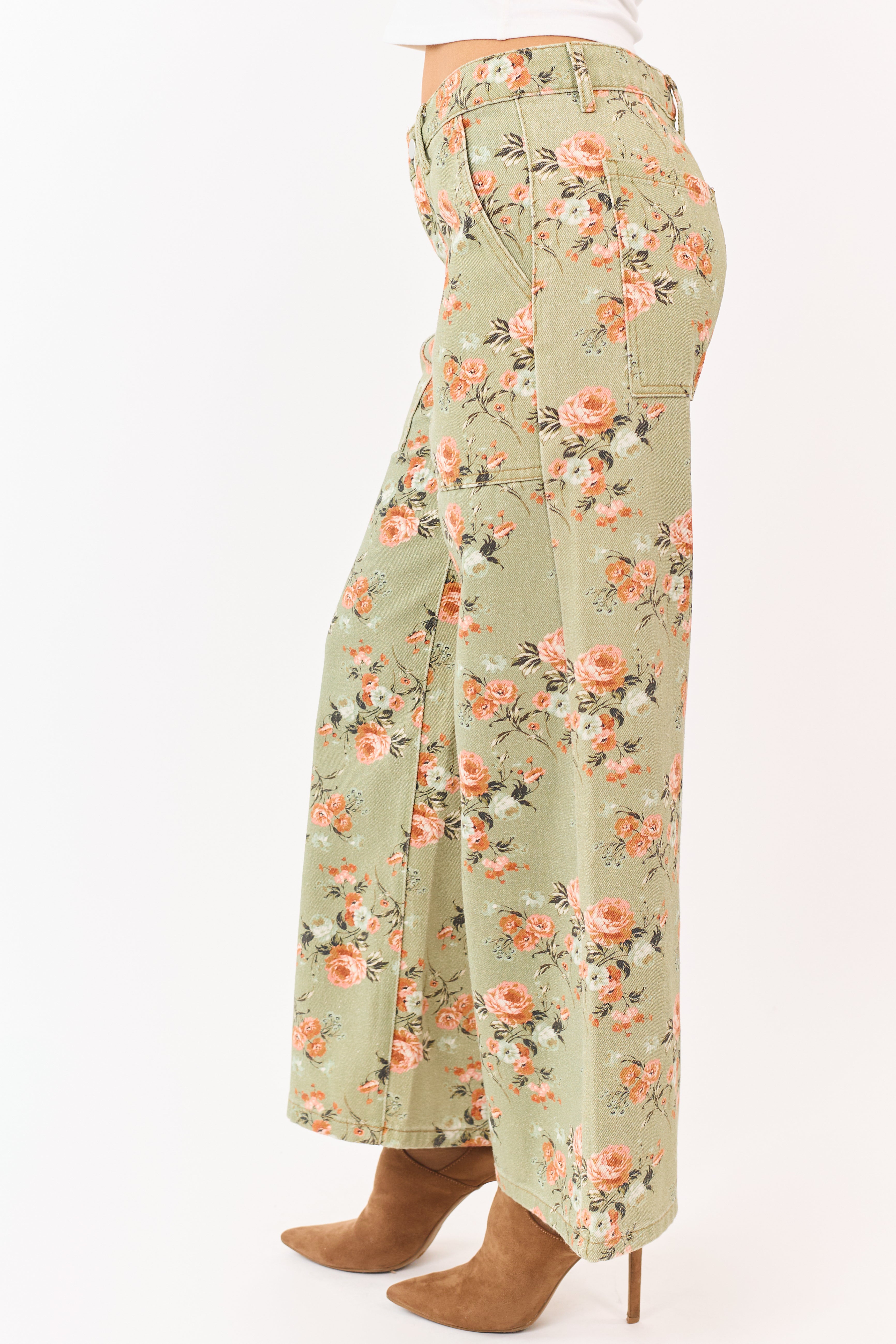 Sage Rose Print Wide Leg High Rise Jeans