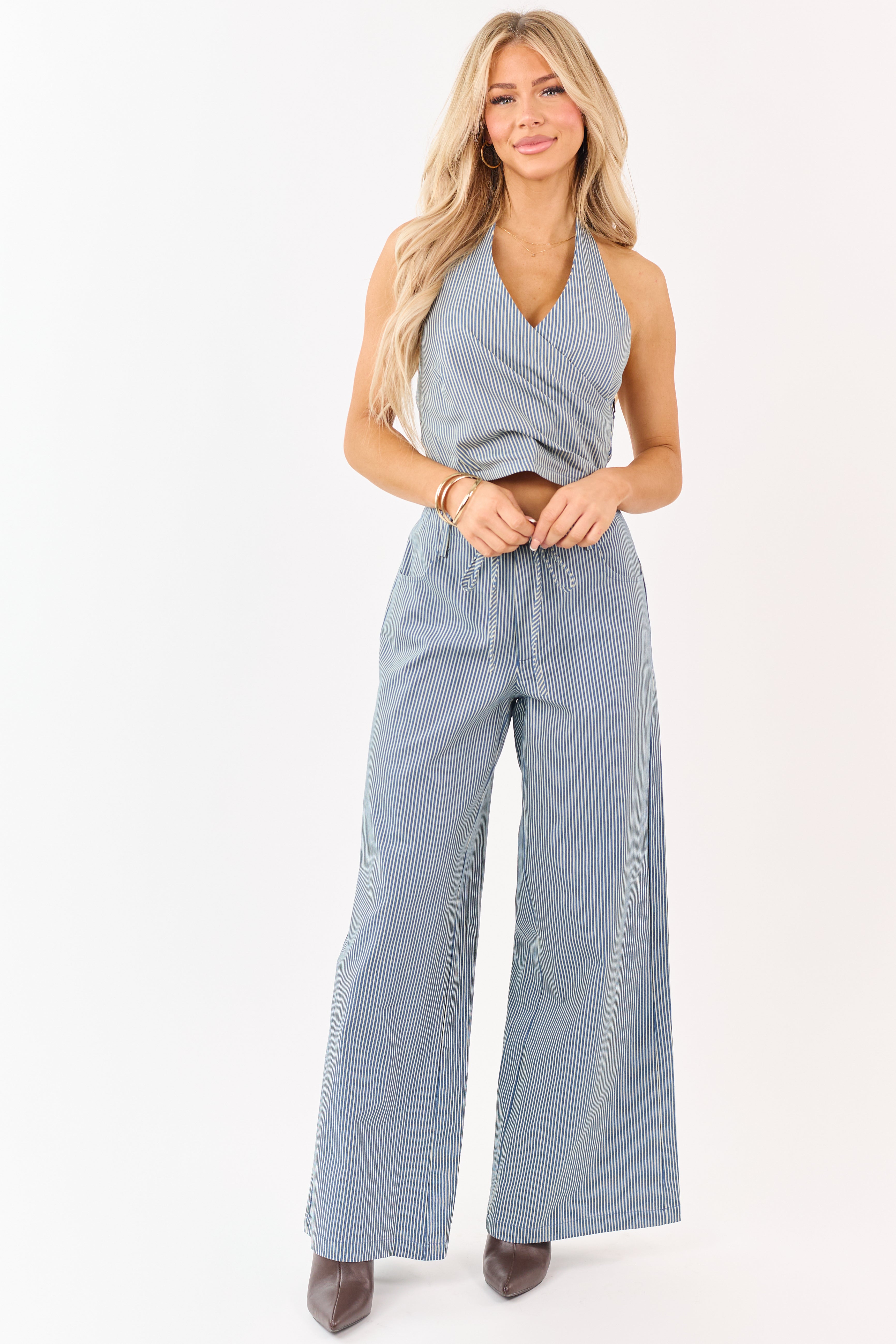 Steel Blue Pin Stripe Denim Wrap Cropped Halter Top