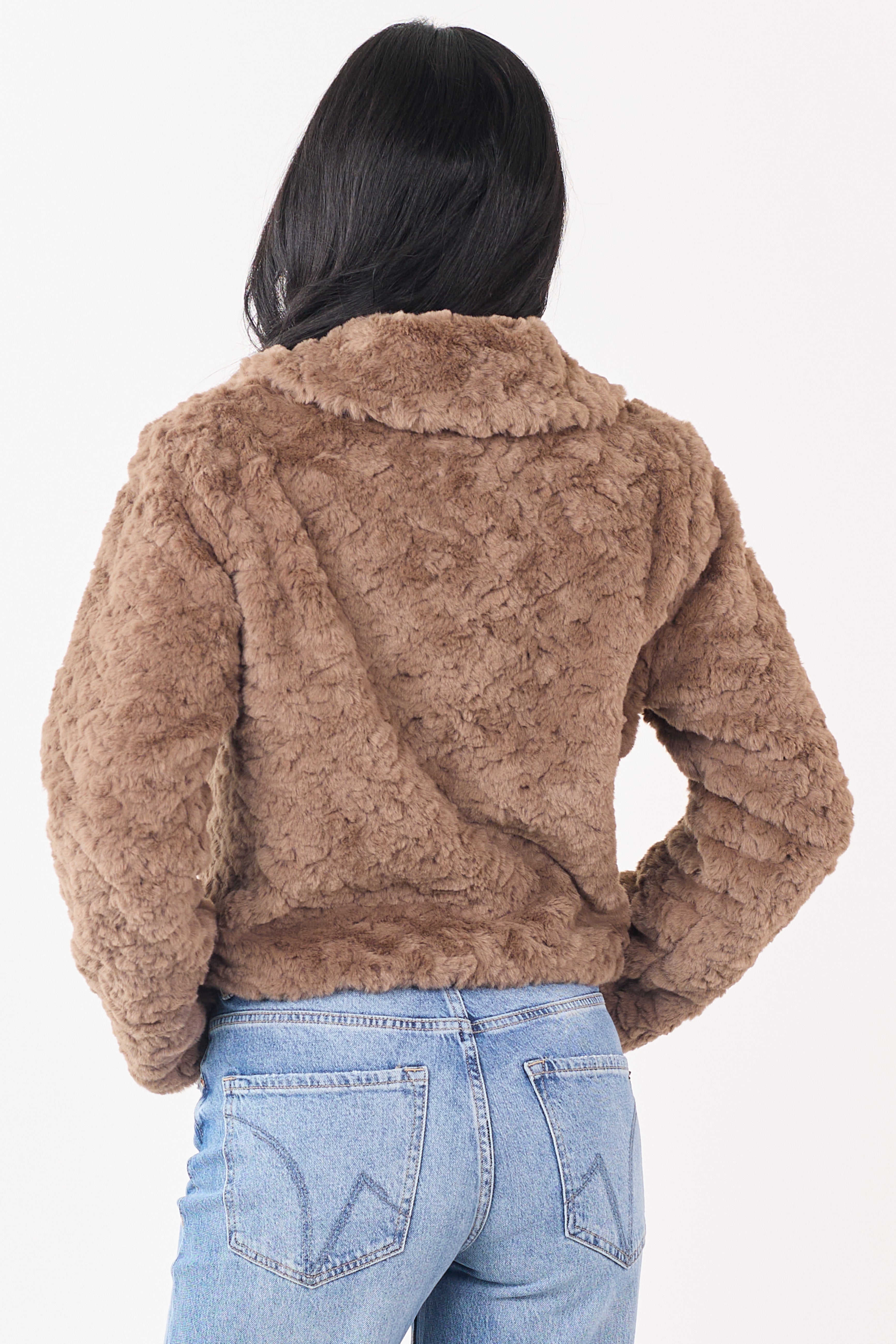 Taupe Teddy Faux Fur Shawl Collar Crop Jacket